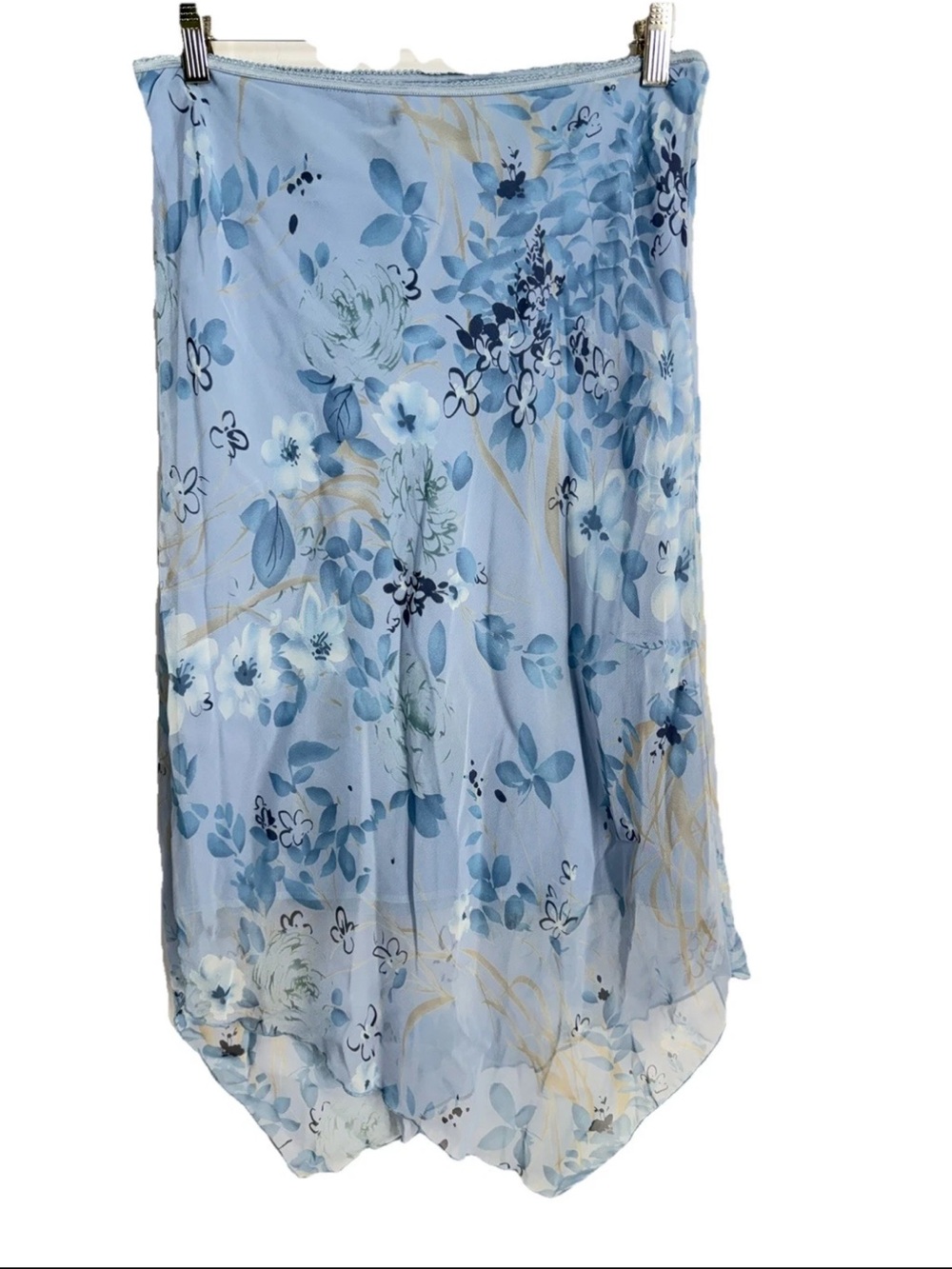 VTG Y2K Sheer Overlay Blue Floral Midi Skirt Fairycore Cottagecore 90s Asymetric